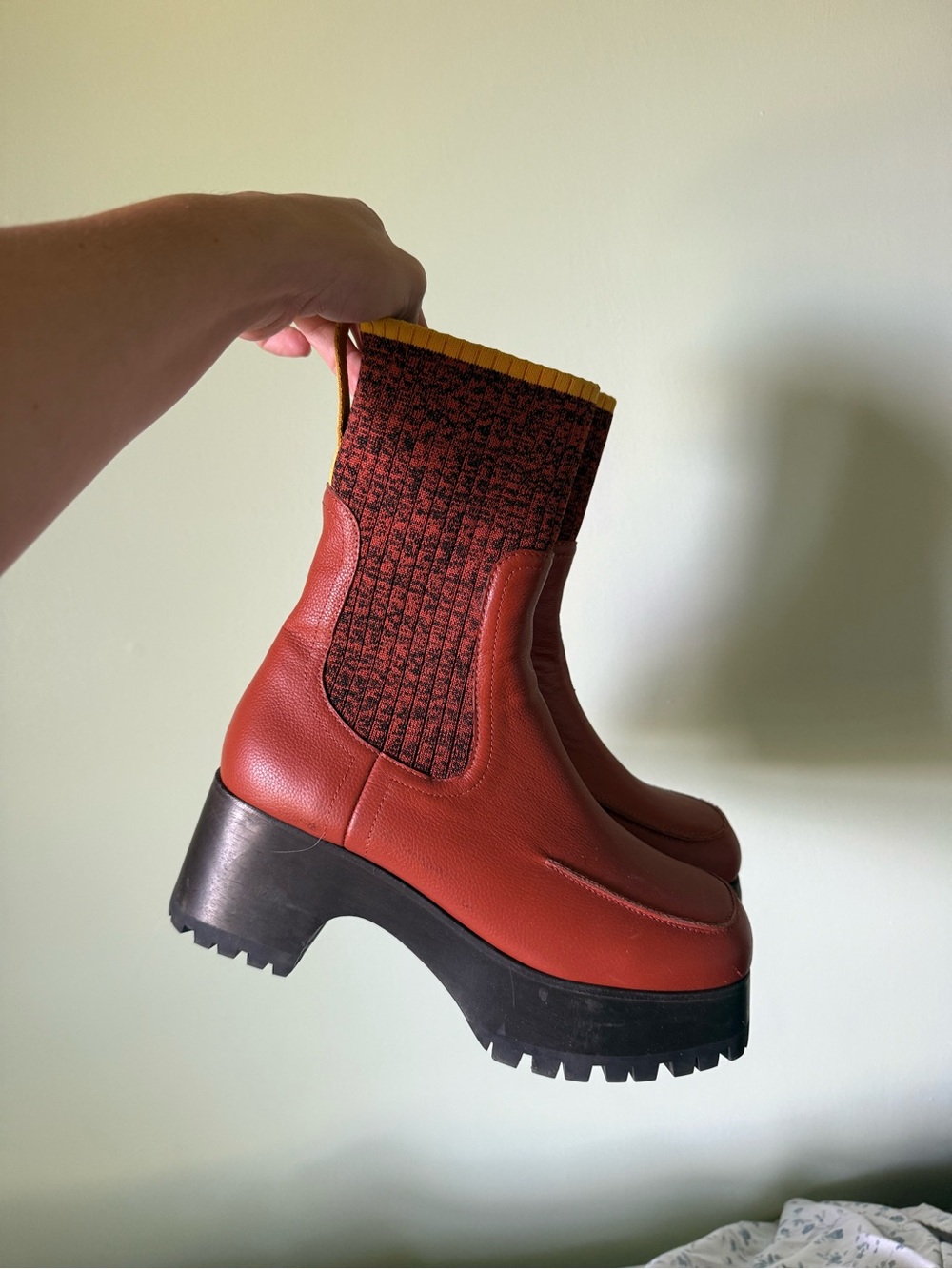 Charlotte Stone Red/Orange Leather Platform Chelsea Boots with Knit Ankle